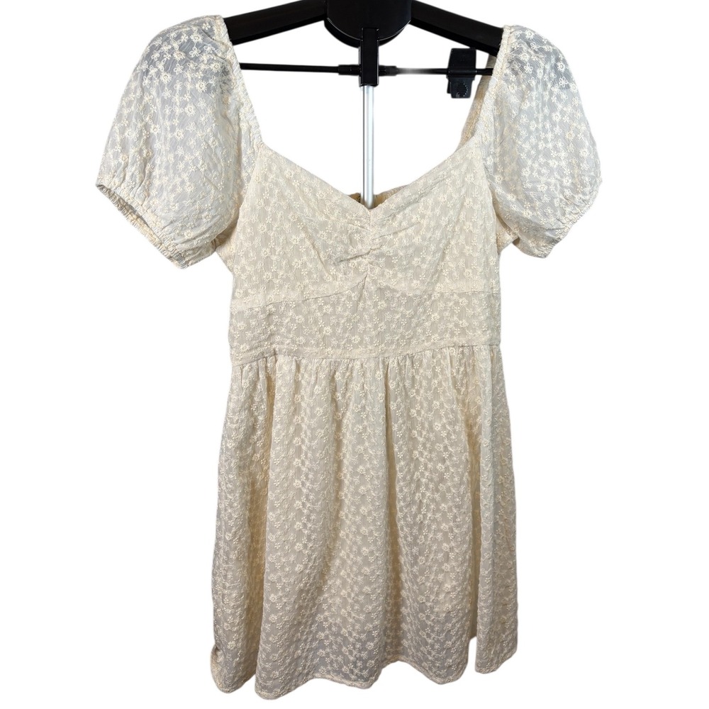 Altard State Ivory Floral Eyelet Puff‎ Sleeve Sweetheart Neckline Dress Size M